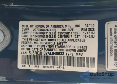 2010 Honda Cr-V Lx from USA, damaged, VIN 5J6RE3H32AL040633